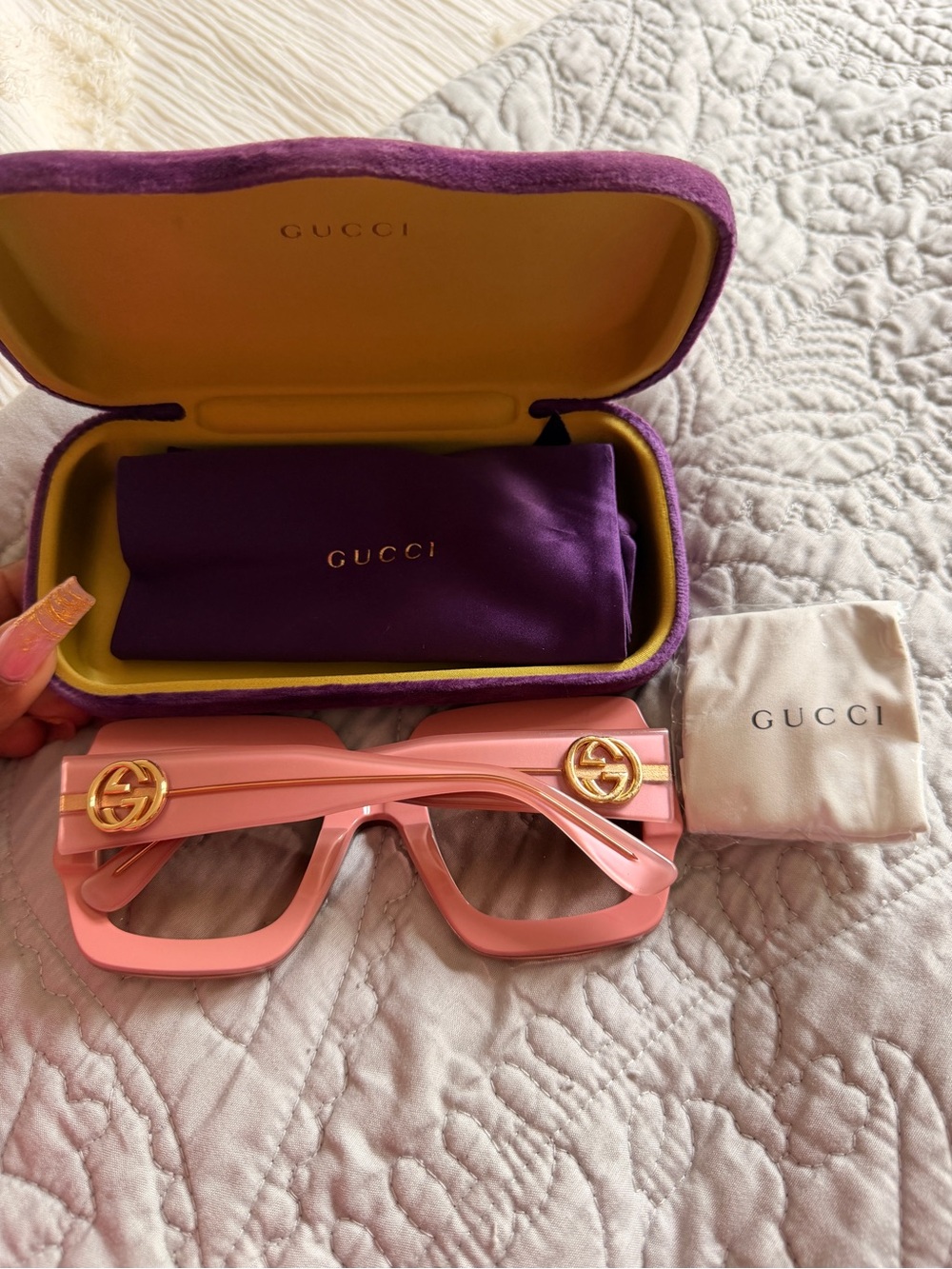 Gucci Pink Square Frame Sunglasses with Gold GG Accents - Picture 1 of 3